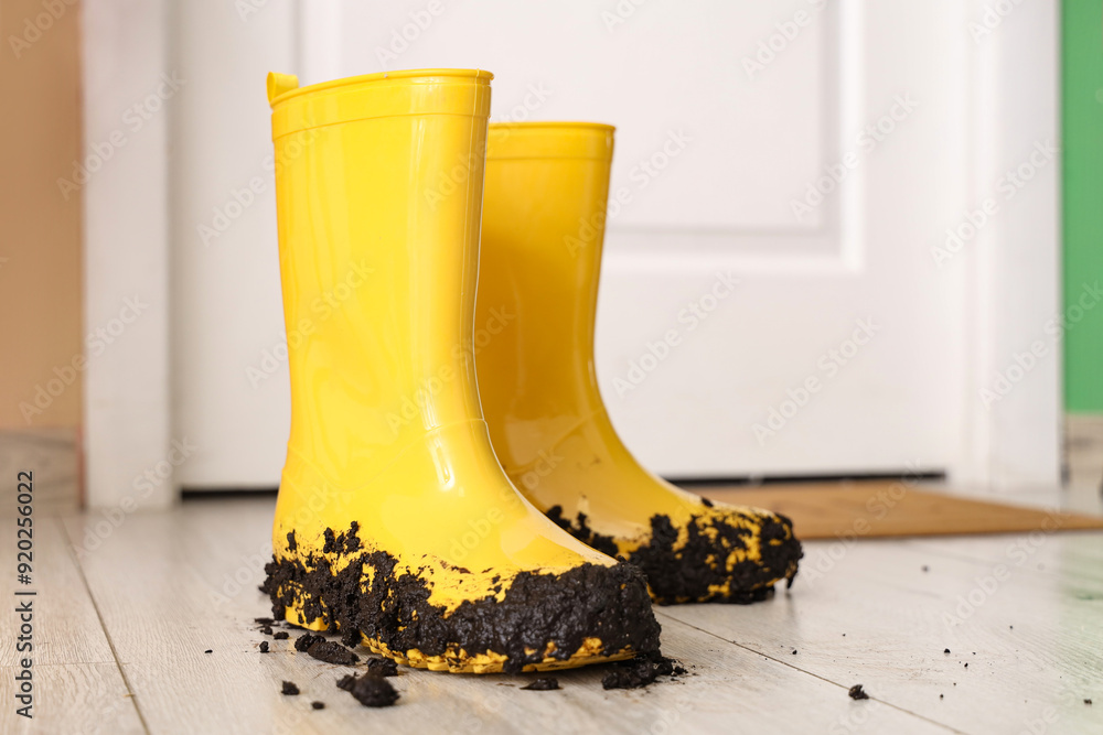 Dirty rubber boots in hallway