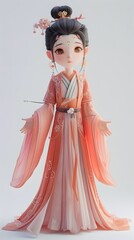 Adorable 3D character of a beautiful woman in traditional Hanfu, set against a white background, showcasing her Asian heritage. This charming design captures the playful essence of cultural attire, ma