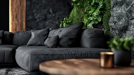 Wall Mural -  A couch faces a stone wall; a plant grows beside it