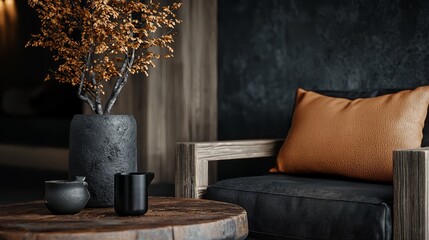 Canvas Print -  A black vase, filled with a plant, sits atop a wooden table Next to it is a black chair with a brown pillow