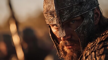 Canvas Print -  A man with a beard, donning a helmet, holds a chains neck pendant Men are visible in the background