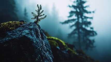 Wall Mural -  A solitary tree atop a rock, surrounded by foggy forest - evergreens in the backdrop