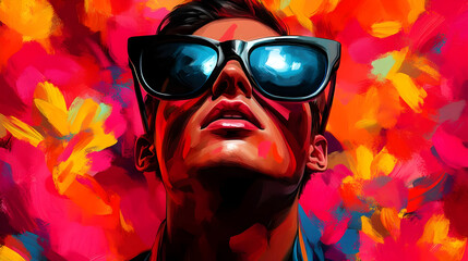 Poster - A vibrant portrait of a person wearing oversized sunglasses against a colorful floral background.