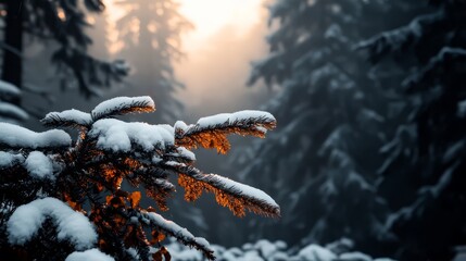 Wall Mural -  A pine tree, snow-covered, sun shines through adjacent trees