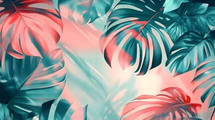 Wall Mural - A vibrant illustration of tropical leaves in teal and pink hues.