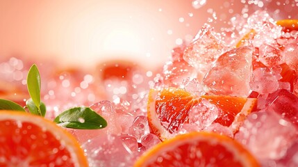 Sticker -   Grapefruit, oranges, and orange slices with water splashing on them and a green leaf on top of the grapefruit