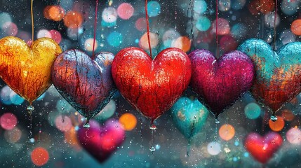 Sticker -   A collection of heart-shaped ornaments dangling on ribbons against a vibrant backdrop of twinkling lights and gentle rain showers