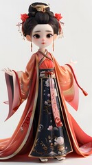 Adorable 3D character of a beautiful woman in traditional Hanfu, set against a white background, showcasing her Asian heritage. This charming design captures the playful essence of cultural attire, ma