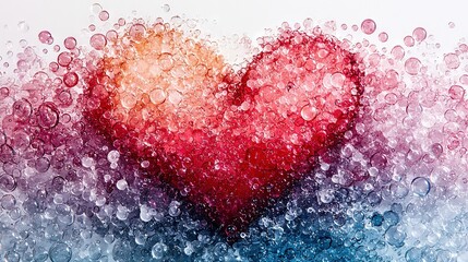 Poster -   Red heart surrounded by water droplets on a white and blue background with a red center