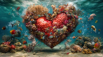 Wall Mural -   A heart-shaped coral in the center of a sea surrounded by fish and other corals beneath the surface