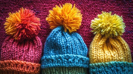 Poster - Three Knitted Hats with Pom Poms