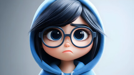 Wall Mural - A stylized animated character with glasses and a hoodie, expressing sadness.