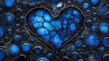 Wall Mural -   A heart-shaped canvas with blue paint surrounds a sea of water A layer of transparent bubbles covers the canvas's top surface