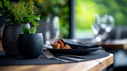 Wall Mural - a plate with food, a vase topped by a plant