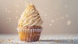 © Sinechana - 4. A deliciously decorated cupcake featuring cream cheese frosting and golden sugar sprinkles, captured on a light background with ample negative space for banner text
