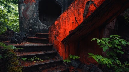 Wall Mural -  A set of stairs, painted red, ascends towards an ancient forest building