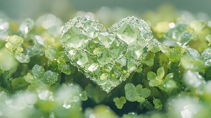 Sticker -   A heart-shaped glass sits atop a green plant, dotted with raindrops on a sunny day