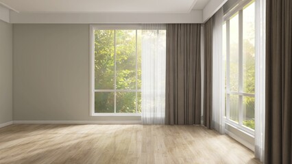 Empty room with gray wall, brown blackout and white sheer curtain in sunlight from backyard with trees on laminated parquet floor for furniture, interior design decoration background 3D