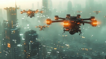 Wall Mural - Drones flying over a futuristic cityscape