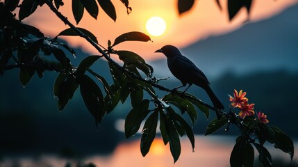 Poster -  A bird perched on a tree branch against a backdrop of a sinking sun Foreground reveals a tranquil body of water