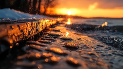 Wall Mural -  The sun sets over the ocean; waves splash rocks, bench cloaked in snow