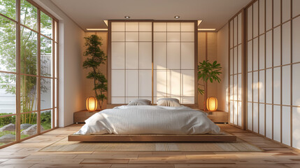 Canvas Print - A bedroom with a white bed and a potted plant