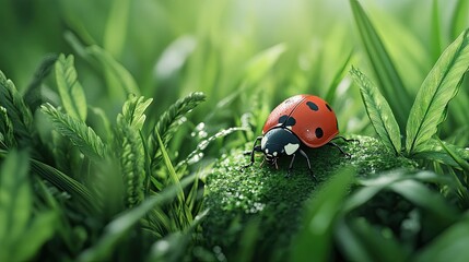 A detailed shot of a ladybug resting on a piece of grass, surrounded by lush greenery.