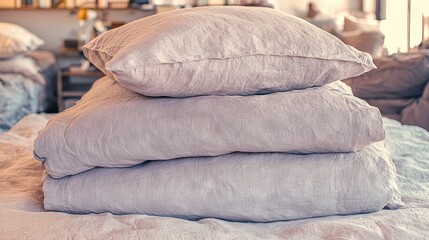 Wall Mural -   A stack of pillows lay beside a single pillow atop a bed