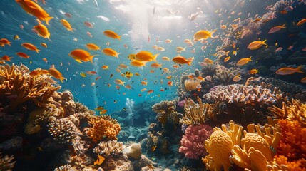 Wall Mural - Vibrant Underwater World of the Coral Reef Ecosystem Teeming with Diverse Marine Life and Illuminated by Sunlight