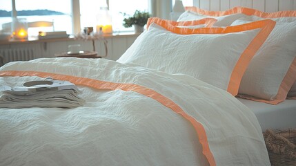   A close-up photo shows a white and orange comforter on a bed with two pillows featuring orange trimming