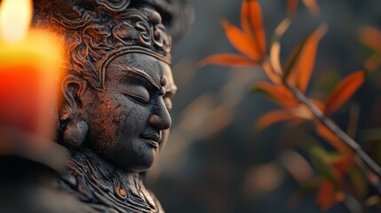 Poster -  A tight shot of a Buddha statue, featuring a lit candle before it, set against a softly blurred backdrop of leaves and branches