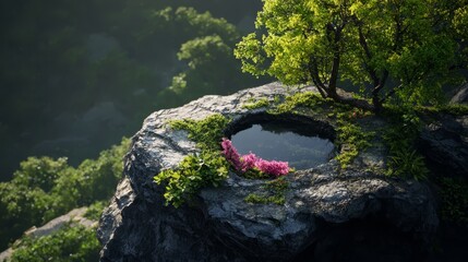  A tree rooted in a rock crevice, bears a plant emerging from its core