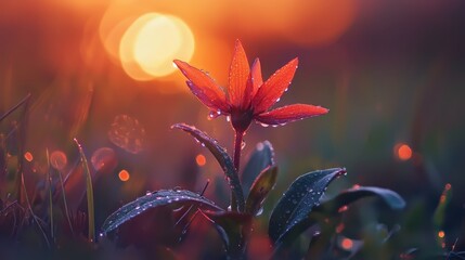 Canvas Print -  A tight shot of a red blossom dotted with water droplets, sun haze softly blurring the backdrop