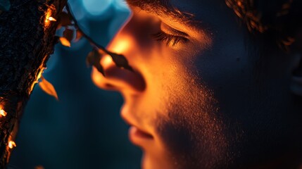 Wall Mural -  A tight shot of an individual facing a tree with string lights in the backdrop