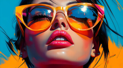 Sticker - A vibrant portrait of a woman wearing stylish sunglasses, exuding confidence and summer vibes.