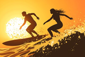 Silhouettes of a man and woman surfing in the sunset.