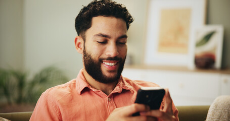Smile, relax and man with phone in home for dating app, notification and online communication. Happy, person and typing of message with technology for profile match, response and digital conversation