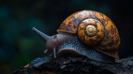 Wall Mural -  A tight shot of a snail atop a weathered wooden plank against a softly blurred background