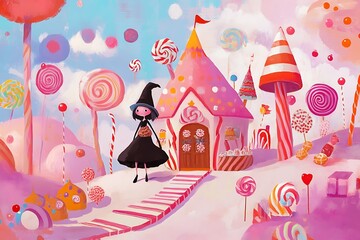 Canvas Print - A Candy Land World with a Witch in a Black Dress.