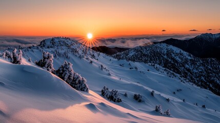 Wall Mural -  A mountain range, draped in snow and pine trees, serves as the backdrop for the sun's descent, with a solitary mountain crowned with the same vegetation in the fore