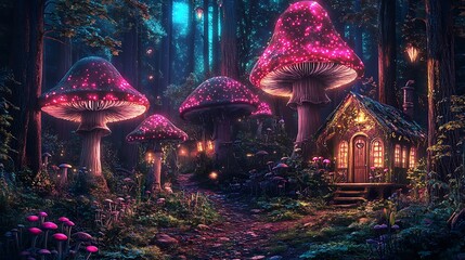 Wall Mural - Enchanting Mushroom Forest with Luminous Cottage.