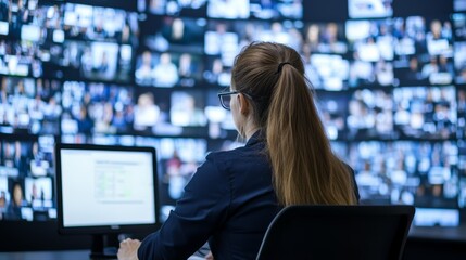 A woman monitors multiple screens in a control room, analyzing data and information in a modern digital environment.