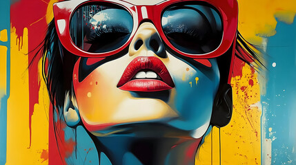 Poster - A vibrant portrait of a woman wearing oversized sunglasses, exuding confidence and style.