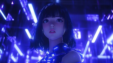 Wall Mural - Futuristic Anime Girl in a Neon Lit City.