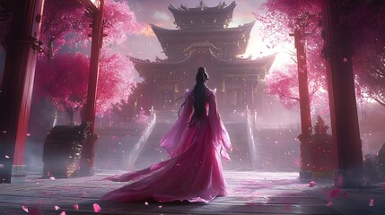 Canvas Print - Woman in Pink Dress Walks Towards Ancient Asian Temple with Cherry Blossoms Falling