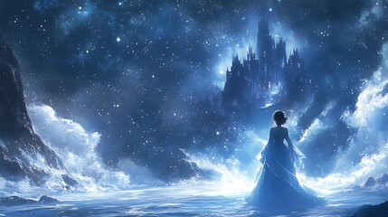 Wall Mural - Woman in White Dress Gazes at Majestic Castle Under a Starry Sky.