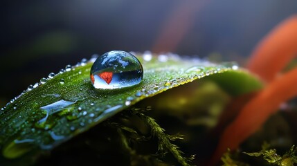 Sticker -  A tight shot of a leaf with a dewdrop at its peak, surrounded by carrots in the backdrop