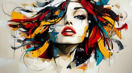 Canvas Print - A vibrant abstract portrait of a woman with colorful hair and expressive features.