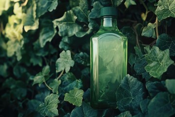 Green bottle on lush green plant