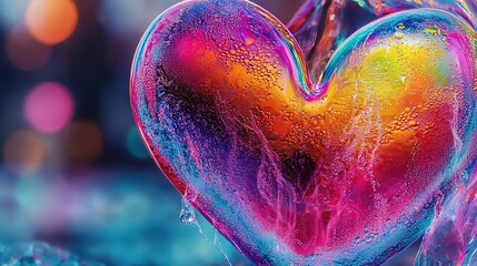 Wall Mural -   A close-up image of a heart-shaped object with water droplets on the surface and a blurred boke of lights behind it